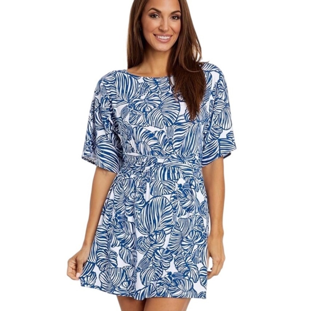 Lilly Pulitzer Parigi Boat Neck Romper Aegean Navy Beach Path Leaf Blue White M